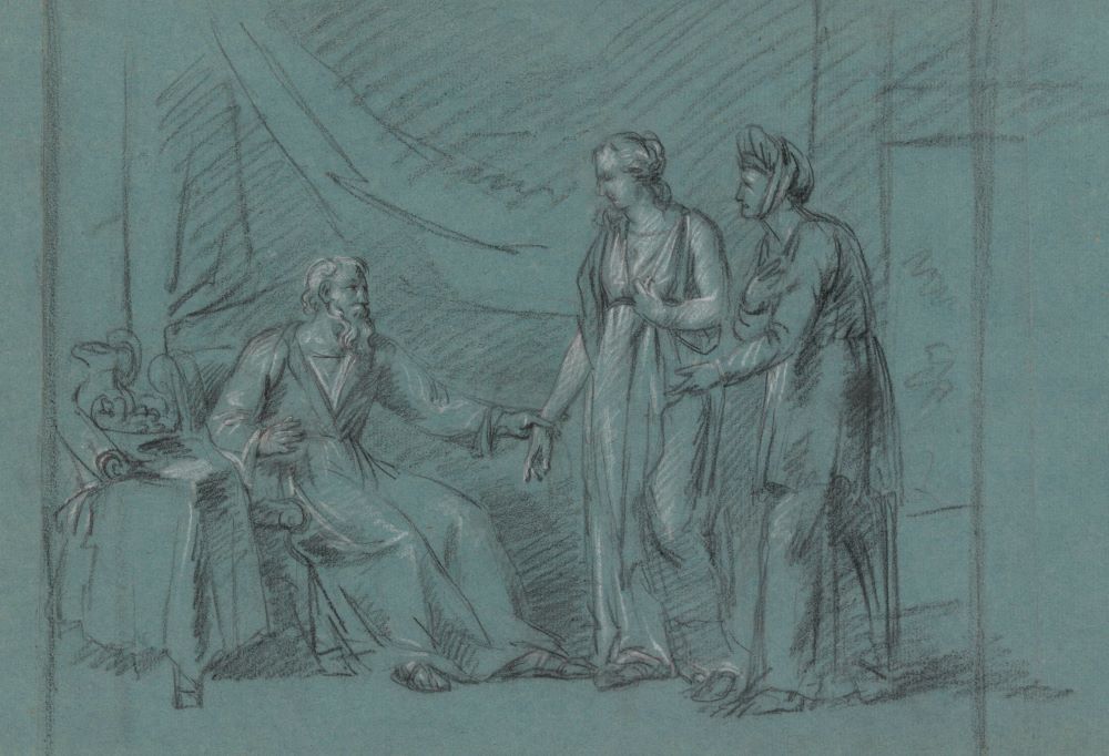 "Sarah Presents Hagar to Abraham," a drawing by the Belgian artist Jean Antoine Verschaeren (1803–1863), depicts a story from the Book of Genesis. (Artvee)