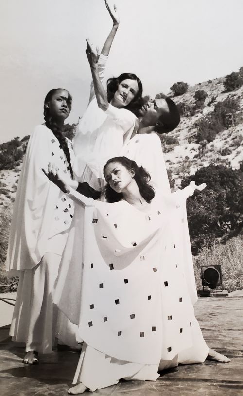 Bradeline Brown, Carla De Sola, Consuelo Zúñiga-West and John West in "God's Troubadour," in the Valyermo Bowl in 1977 (Courtesy of Valyermo Dancers Collection)