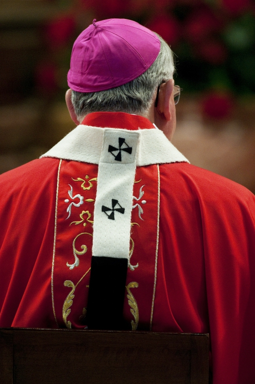 Archbishop José Gomez wears his woolen pallium during Mass in St. Peter's Basilica at the Vatican June 29, 2011. Pope Benedict XVI presented the pallium to 41 archbishops during the service. (CNS/Catholic Press Photo/Alessandro Serrano)
