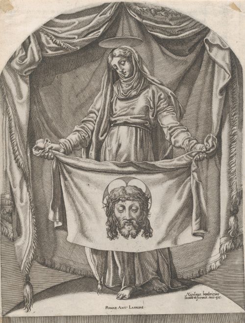 Beginning in the late 1470s, the papacy used print to foster the cult of saints and to encourage pilgrimages to Rome. Above is a print (circa 1540-66) by French artist Nicolas Beatrizet that depicts Veronica with the veil said to have touched Jesus' face 
