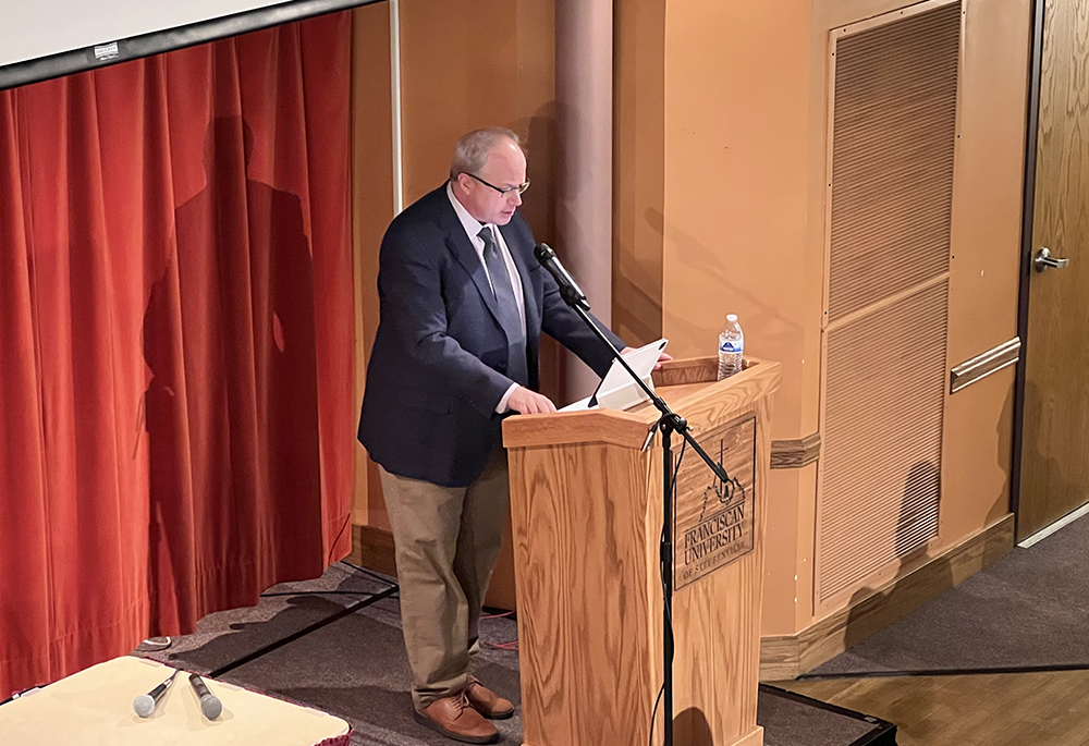 Harvard Law professor Adrian Vermeule speaks on the American administrative state during the Oct. 7-8 conference, "Restoring A Nation: The Common Good in the American Tradition," at Franciscan University of Steubenville. (NCR photo/Brian Fraga)