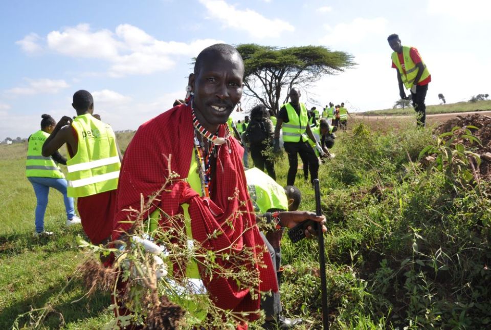 Amos Kwaite, a member of the Maasai community, joins Kenyans including members of the Laudato Si' Movement in a cleanup of Nairobi National Park June 4, World Environment Day. (CNS/Fredrick Nzwili)
