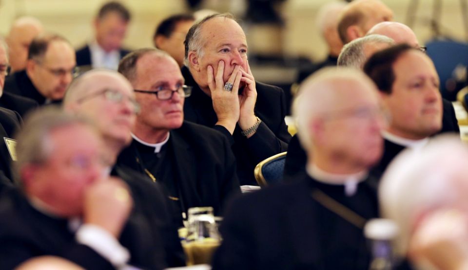 San Diego Bishop Robert McElroy, center, and other U.S. bishops listen to a speaker Nov. 13 during their fall general assembly in Baltimore. (CNS/Bob Roller)