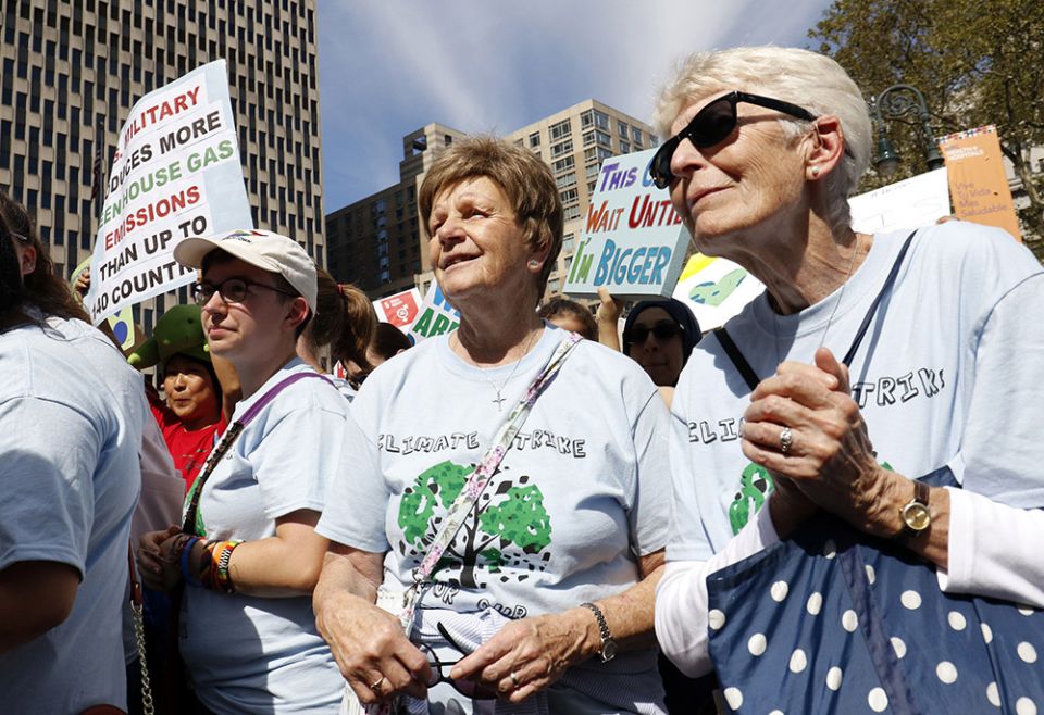 Sr. Helen Kearney, center, president of the Sisters of St. Joseph of Brentwood, New York, and St. Joseph Sr. Mary Doyle, right, participate in the Global Climate Strike Sept. 20, 2019, in New York City. (CNS/Gregory A. Shemitz) Sr. Helen Kearney, center, president of the Sisters of St. Joseph of Brentwood, New York, and St. Joseph Sr. Mary Doyle, right, participate in the Global Climate Strike Sept. 20, 2019, in New York City. (CNS/Gregory A. Shemitz)