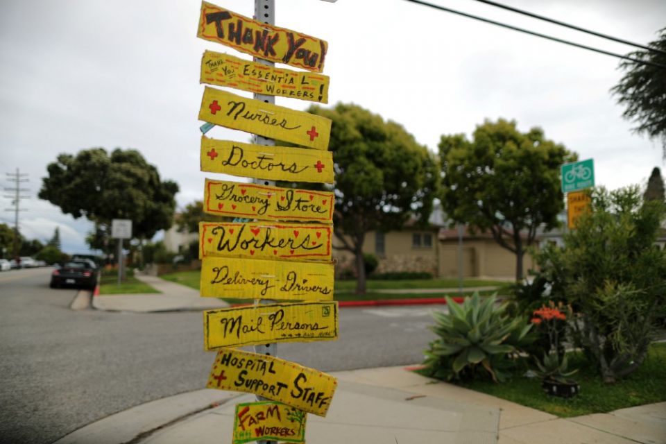 A street sign in Santa Monica, California, thanks essential workers April 6 during the coronavirus pandemic. (CNS/Reuters/Lucy Nicholson)