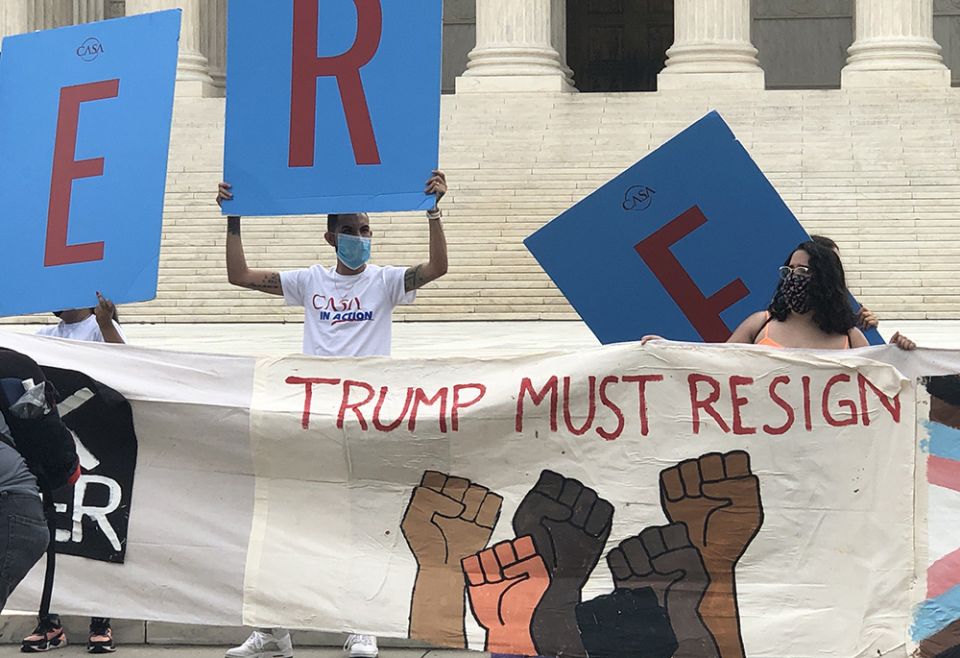 Supporters of the Deferred Action for Childhood Arrivals program hold signs and cheer at the Supreme Court in Washington June 18, 2020, after justices handed down a 5-4 ruling rejecting then-President Donald Trump's executive order to cancel DACA. (CNS) Supporters of the Deferred Action for Childhood Arrivals program hold signs and cheer at the Supreme Court in Washington June 18, 2020, after justices handed down a 5-4 ruling rejecting then-President Donald Trump's executive order to cancel DACA. (CNS)