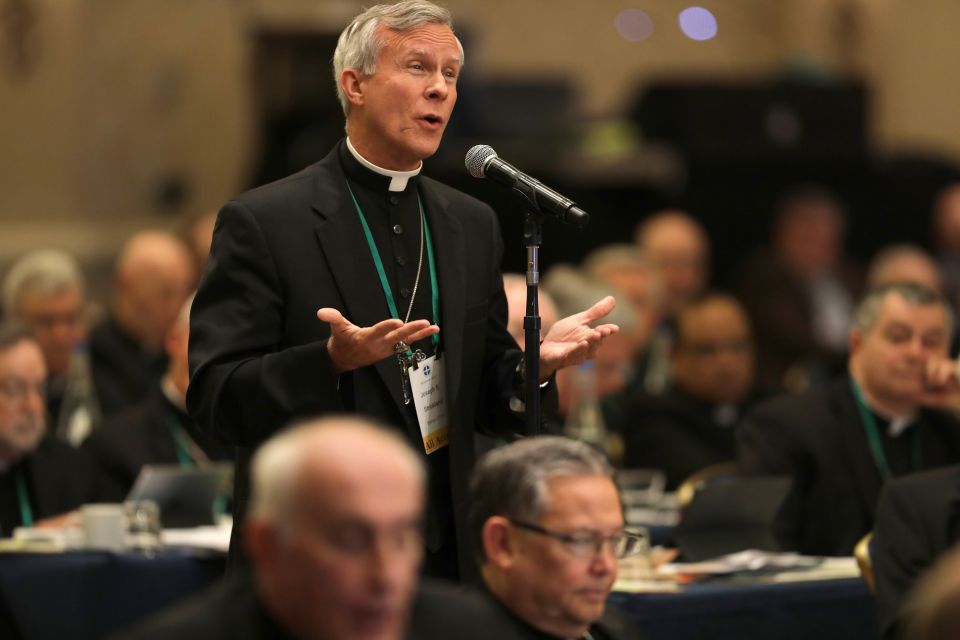 Bishop Joseph E. Strickland of Tyler, Texas, speaks from the floor during the fall general assembly of the U.S. Conference of Catholic Bishops in Baltimore Nov. 11, 2019. (CNS photo/Bob Roller)