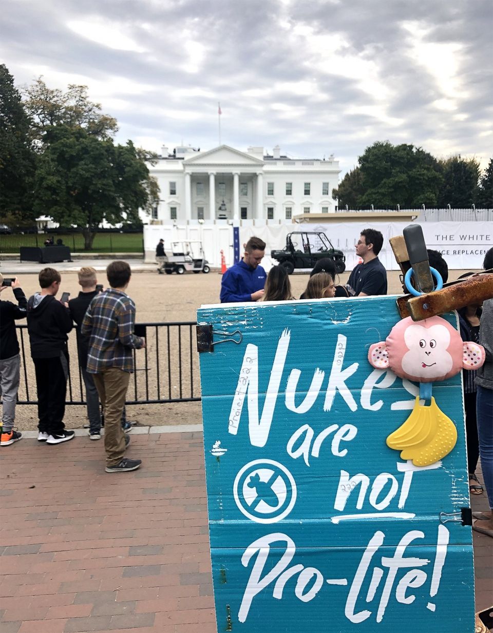 A sign denouncing nuclear weapons is seen near the White House in Washington Oct. 25, 2019. (CNS photo/Tyler Orsburn)