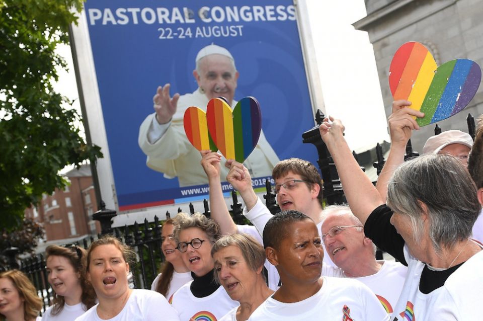 An LGBT choir sings outside the Pastoral Congress at the World Meeting of Families in Dublin Aug. 23, 2018. (CNS/Reuters/Clodagh Kilcoyne)