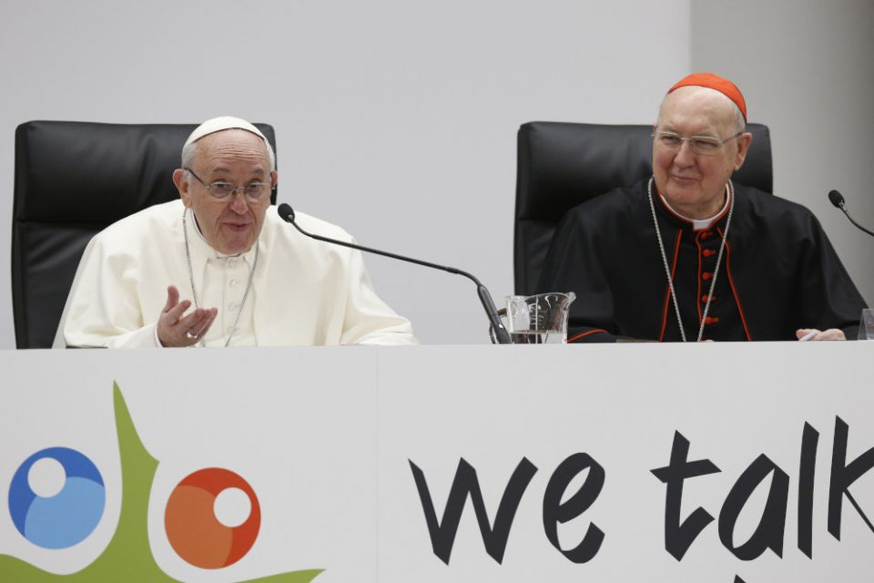 Pope Francis speaks at a pre-synod gathering of youth delegates at the Pontifical International Maria Mater Ecclesiae College in Rome March 19, 2018. Also pictured is U.S. Cardinal Kevin Farrell. (CNS/Paul Haring)