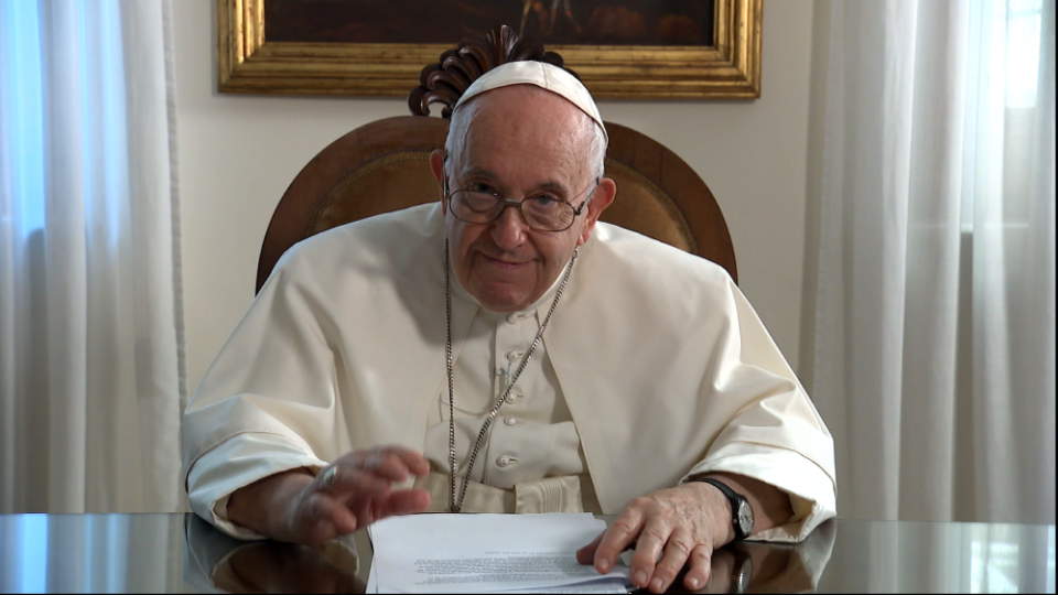Pope Francis speaks in a Sept. 8 video message for the new Community at the Crossing ecumenical residential program at the Episcopal Cathedral of St. John the Divine in New York. (NCR screenshot)