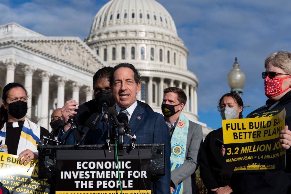 Rep. Jamie Raskin, D-Md. accompanied by the Rev. William Barber and the Poor People's Campaign talks to reporters about the need for the "Build Back Better" plan during a news conference on Capitol Hill in Washington, Oct. 27, 2021. (AP/Jose Luis Magana)