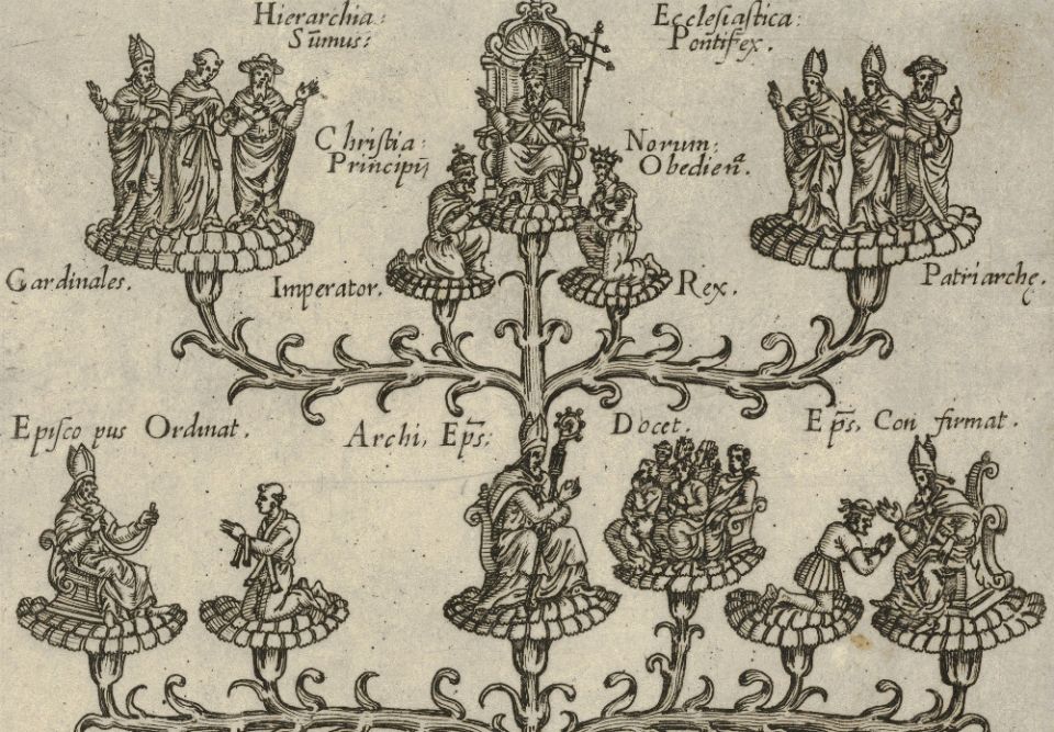 The hierarchy of the church in the form of a tree, a plate from a book, detail from the upper half, circa 1550-1650 (Metropolitan Museum of Art)