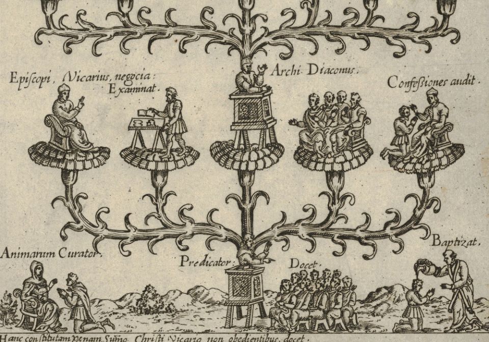 The hierarchy of the church in the form of a tree, a plate from a book, detail from the lower half, circa 1550-1650 (Metropolitan Museum of Art)