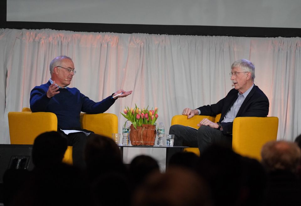 David Brooks, left, and Francis Collins speak during the panel "Can We Ever Know What Is Real?" Feb. 19 during New York Encounter. (Mariagustina Fabara Martinez)