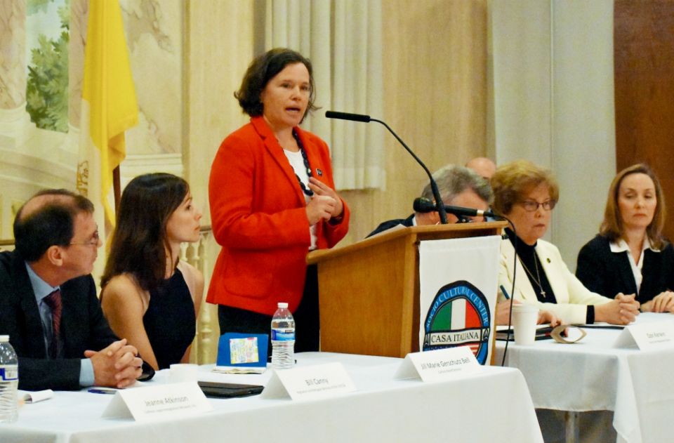 Jeanne Atkinson speaks at a press conference held with other Catholic agency heads in January 2017 after the Trump administration announced a travel ban on certain Muslim-majority countries. (Provided photo)