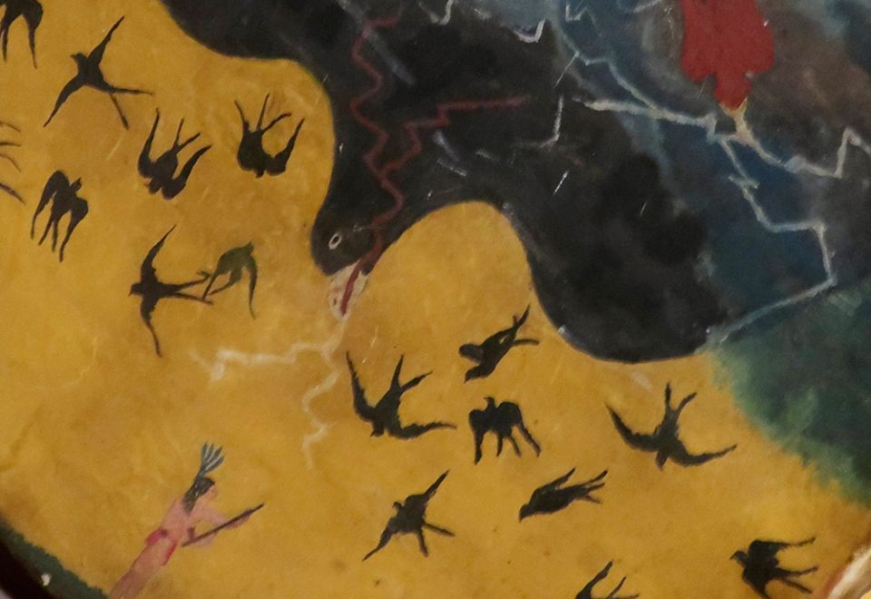 Detail of art on a Ghost Dance drum from the late 1890s, by Pawnee artist George Beaver (Wikimedia Commons/Wmpearl)