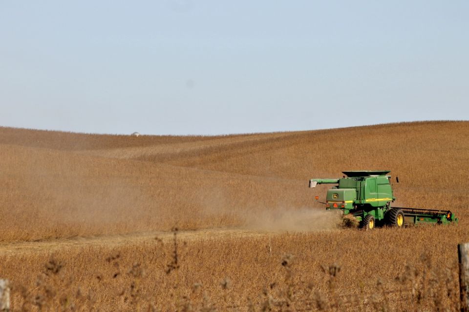 A combine harvests a soybean field Oct. 18 outside Dyersville, Iowa. Soybeans are one of the commodities hit with a tariff from China as part of its ongoing trade dispute with the U.S. (NCR photo/Brian Roewe)