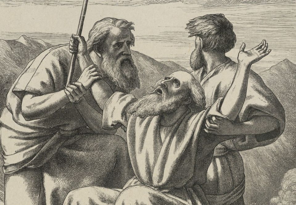 "Moses' Hands Held Up," detail of a 19th-century wood engraving by Frederick Richard Pickersgill (Wikimedia Commons/Metropolitan Museum of Art)