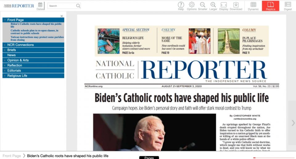 The eNCR replica of the most recent print edition of National Catholic Reporter (NCR screenshot)