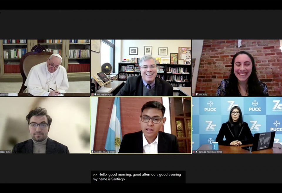 Pope Francis listens to Catholic university students during a virtual dialogue Feb. 24, which Loyola University Chicago hosted in collaboration with Catholic universities and colleges in North, Central and South America, as well as the Caribbean. (NCR)