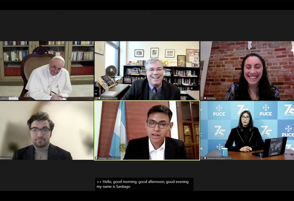 Pope Francis listens to Catholic university students during a virtual dialogue Feb. 24, which Loyola University Chicago hosted in collaboration with Catholic universities and colleges in North, Central and South America, as well as the Caribbean. (NCR) Pope Francis listens to Catholic university students during a virtual dialogue Feb. 24, which Loyola University Chicago hosted in collaboration with Catholic universities and colleges in North, Central and South America, as well as the Caribbean. (NCR)