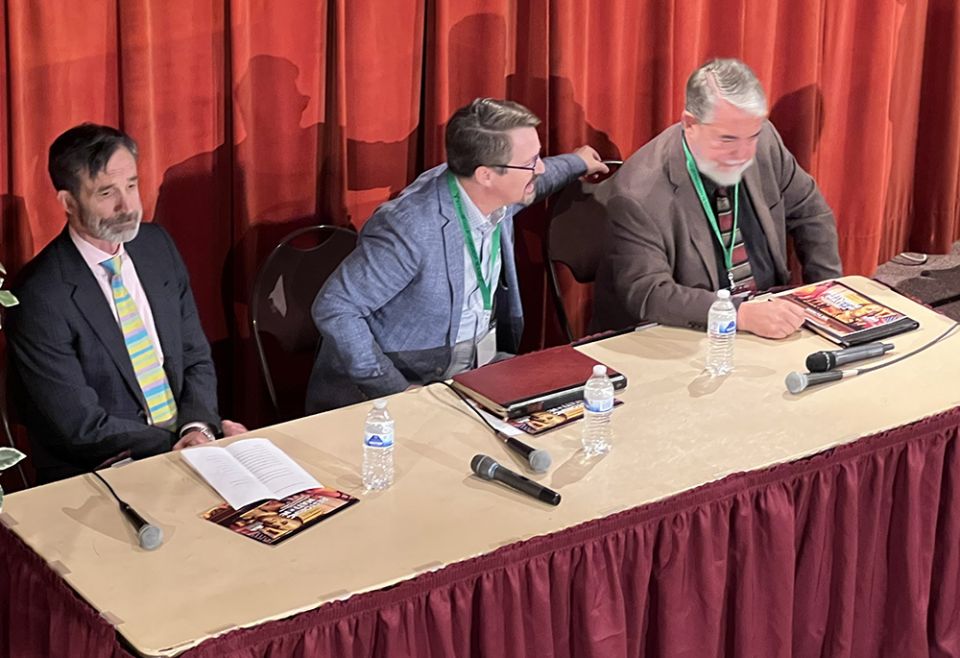 Left to right: Rusty Reno of First Things, Catholic University of America theology professor Chad Pecknold, and Franciscan University of Steubenville scripture and theology professor Scott Hahn sit for a panel during the Oct. 7-8 conference. (NCR)