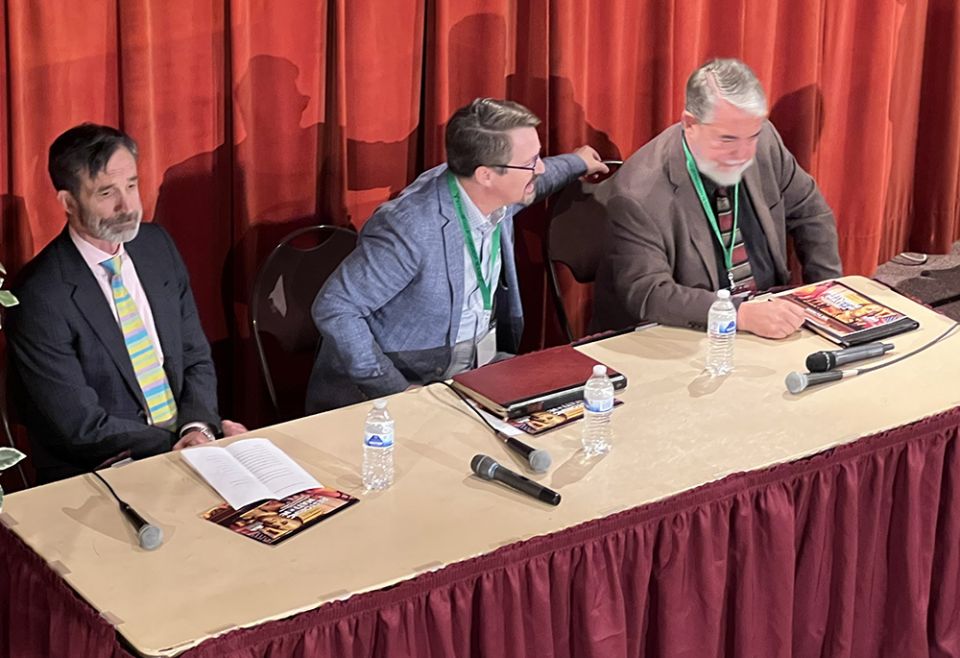 Left to right: Rusty Reno of First Things, Catholic University of America theology professor Chad Pecknold, and Franciscan University of Steubenville scripture and theology professor Scott Hahn sit for a panel during the Oct. 7-8 conference. (NCR) Left to right: Rusty Reno of First Things, Catholic University of America theology professor Chad Pecknold, and Franciscan University of Steubenville scripture and theology professor Scott Hahn sit for a panel during the Oct. 7-8 conference. (NCR)