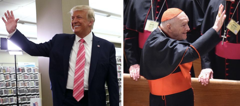 Left: President Donald Trump waves after voting in the 2020 presidential election at the Palm Beach County Library in West Palm Beach, Florida, Oct. 24 (CNS/Reuters/Tom Brenner); Right: Then-Cardinal Theodore McCarrick waves to fellow bishops as he attend