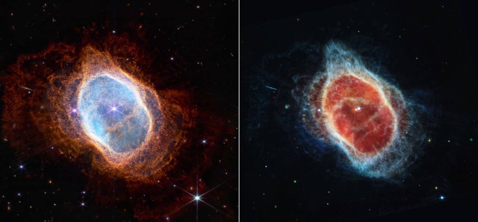 This side-by-side comparison shows observations of the Southern Ring Nebula in near-infrared light, at left, and mid-infrared light, at right, from NASA's James Webb Space Telescope. (RNS/NASA, ESA, CSA and STScI)