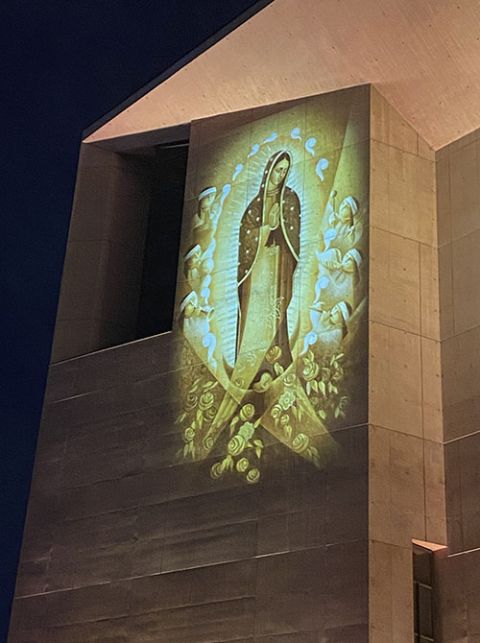 An image of Our Lady of Guadalupe painted by artist Lalo Garcia in 2013 is projected in light onto the outer wall of the Cathedral of Our Lady of the Angels in downtown Los Angeles, where it can be seen from the busy Hollywood Freeway. The painting, title