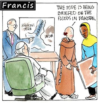 Francis, the comic strip: Francis gets briefed on the floods in Pakistan.