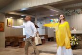 John West and Hilary Van Dixhorn lead the response to Psalm 149-150. Between them can be seen 93-year-old Fr. Philip Edwards, who has encouraged danced prayer.
