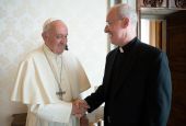 Pope Francis greets Jesuit Fr. James Martin, author and editor at large of America magazine, during a private meeting at the Vatican in this Oct. 1, 2019, file photo. Martin released a recent handwritten letter from the pope that commended his LGBT minist