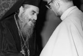 Pope Paul VI greets Orthodox Ecumenical Patriarch Athenagoras of Constantinople during the pontiff's 1964 trip to the Holy Land.