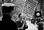 Dorothy Day pickets a civil defense drill in New York City April 17, 1959. (Journey Films/©Vivian Cherry)