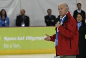 Vice President Joe Biden speaks to the audience at the Special Olympics pairs ice skating competition on Feb. 12, 2009, in Boise, Idaho. (AP Photo/Matt Cilley)