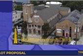 This artist rendering shows Broadmoor Community Church in New Orleans. As global warming produces more extreme weather a grassroots network is launching "Community Lighthouses" to meet the challenge of extended power outages. (Together New Orleans via AP)