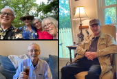 Clockwise, from top left: Peter Daly (left), José Luis Sánchez, and two friends, Jane Head and Nancy Smith; José Luis in a chair; and José Luis holding coffee on the couch at Peter's house (Courtesy of Peter Daly)