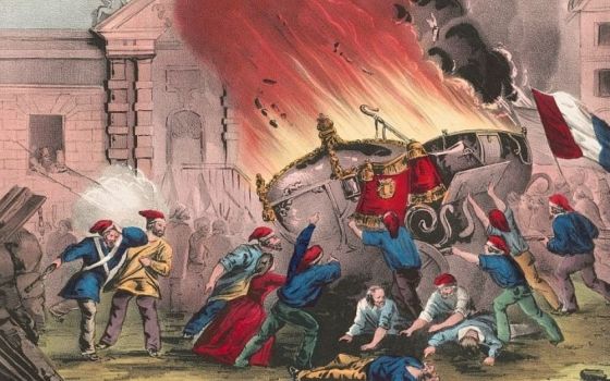 An image depicts burning royal carriages at the Chateau d'Eu during the French Revolution, c. 1848. (Library of Congress/N. Currier)