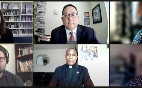 Pictured are participants in an Oct. 5, 2022, Georgetown University webinar titled "Neglected Voices in the Clergy Sexual Abuse Crisis." Kim Daniels, Deacon Bernie Nojadera and Dr. Deborah Rodriguez,Maka Black Elk, Fr. Bryan Massingale, and Elsie Boudreau