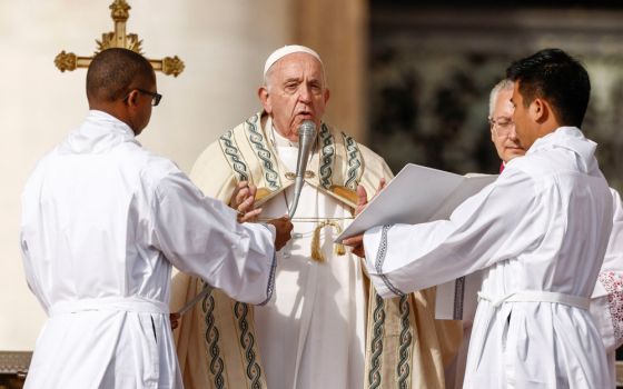 Pope Francis celebrates Mass for the canonization of new Sts. Giovanni Battista Scalabrini and Artemide Zatti in St. Peter's Square at the Vatican Oct. 9, 2022