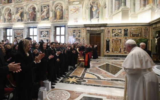 Pope Francis leads a meeting with faithful from El Salvador offering thanks for the beatification of Father Rutilio Grande, in the Clementine Hall in the Apostolic Palace at the Vatican Oct. 14, 2022
