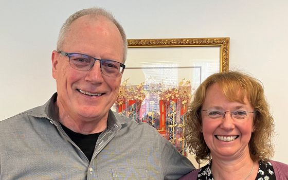 Peter Dwyer and Therese Ratliff are pictured together. Ratliff has succeeded Dwyer as director and CEO of Liturgical Press. Dwyer retired this past spring, after 33 years of service, including 21 years as the company's director. (Liturgical Press)
